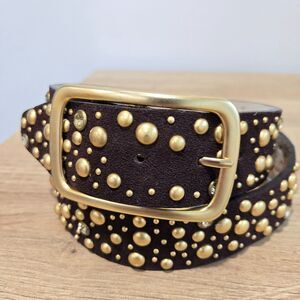Studded Brown Gold Womens Belt Unmarked Biker 33"-37" Cottage Faux Leather Retro